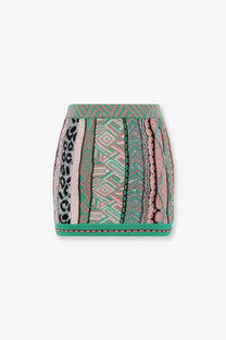 Laneus women’s multicolored cotton mini skirt with vibrant vertical stripes and geometric leopard motifs in green tones