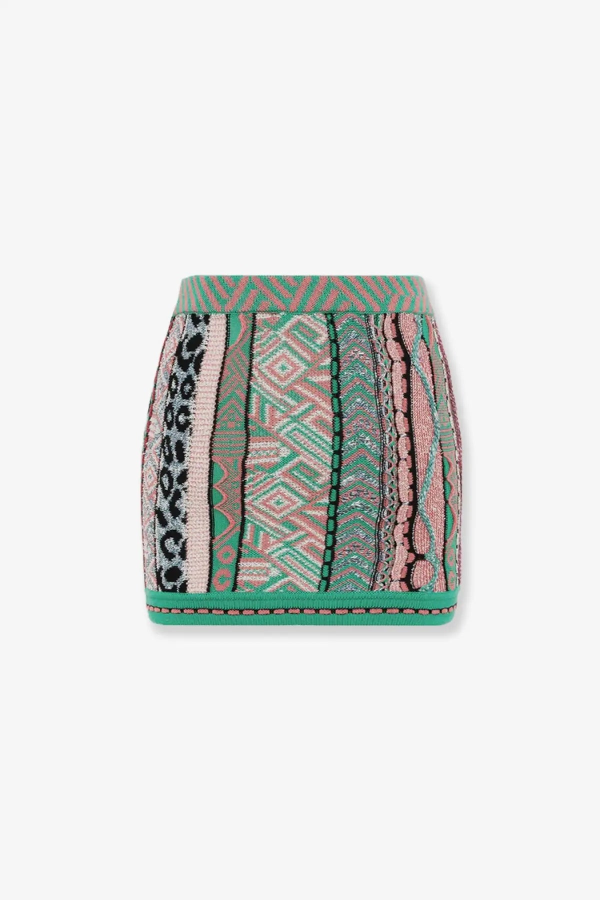Laneus women’s multicolored cotton mini skirt with vertical geometric and leopard stripes in pink green black and beige