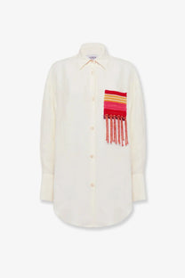 Laneus women’s over viscose and linen cream shirt with vibrant hand-knitted red and orange striped patch on chest