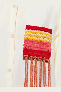 Laneus womens white viscose and linen shirt with a vibrant hand-crocheted red yellow and pink striped patch pocket tassels
