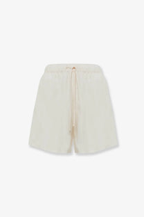 Laneus women’s cream-colored lightweight silk viscose and linen blend Cancun Bermuda shorts with drawstring waistband