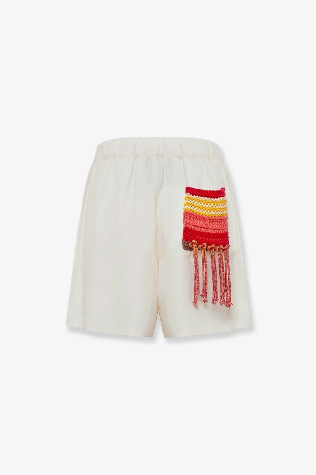 Laneus women’s viscose and linen blend cream shorts with vibrant hand-knitted red and yellow patch and tassels