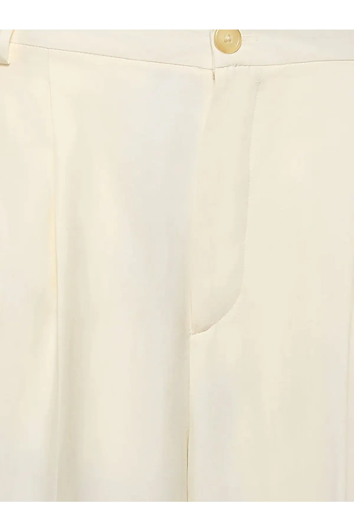 Laneus women’s cream viscose and linen trousers with smooth texture and single gold toned button at waistband