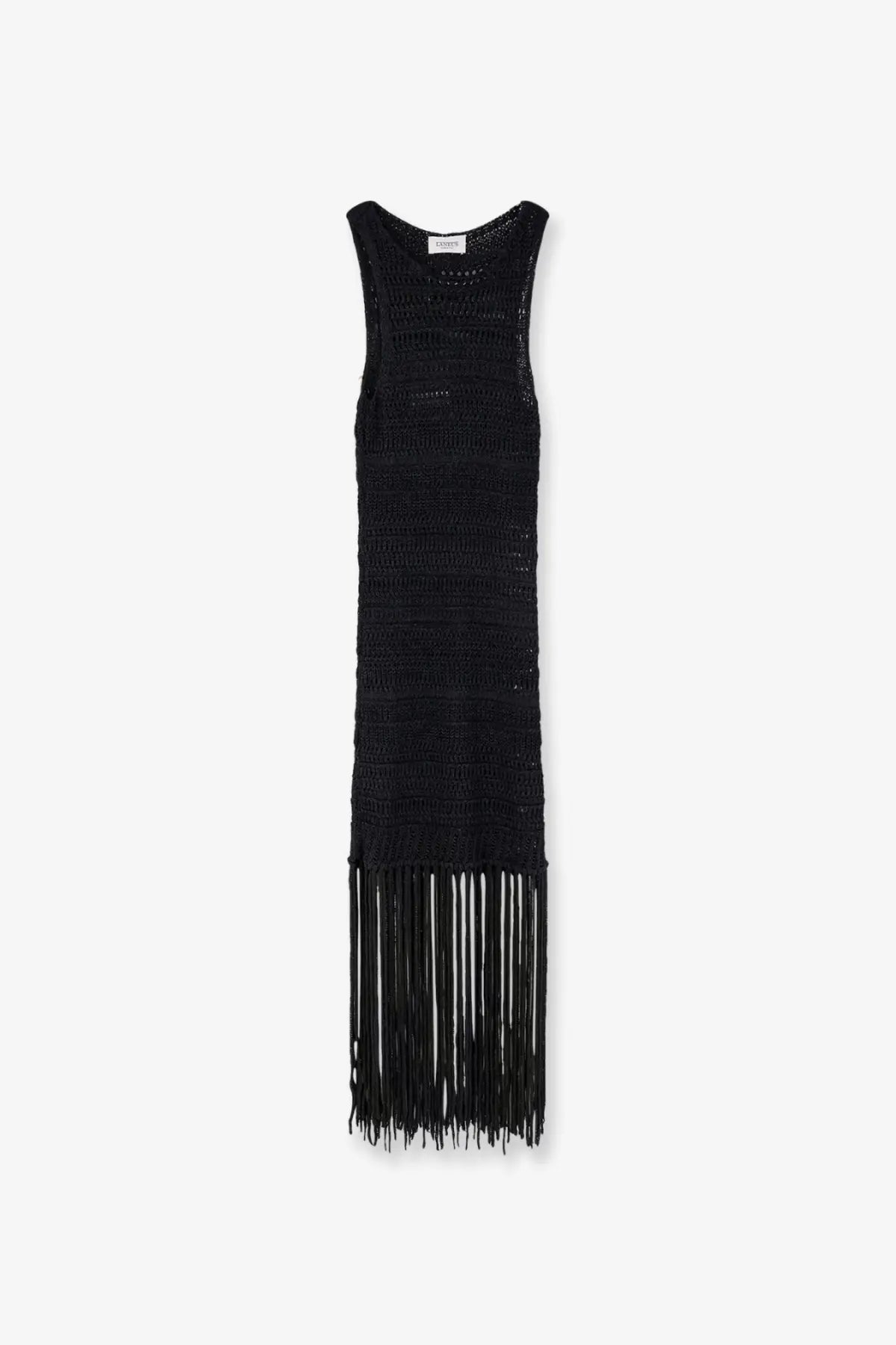 Laneus women’s black knitted sleeveless dress with textured pattern and long fringe hem made of viscose and recycled polyester