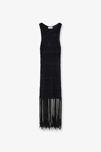 Laneus women’s black knitted sleeveless dress with textured pattern and long fringe hem made of viscose and recycled polyester