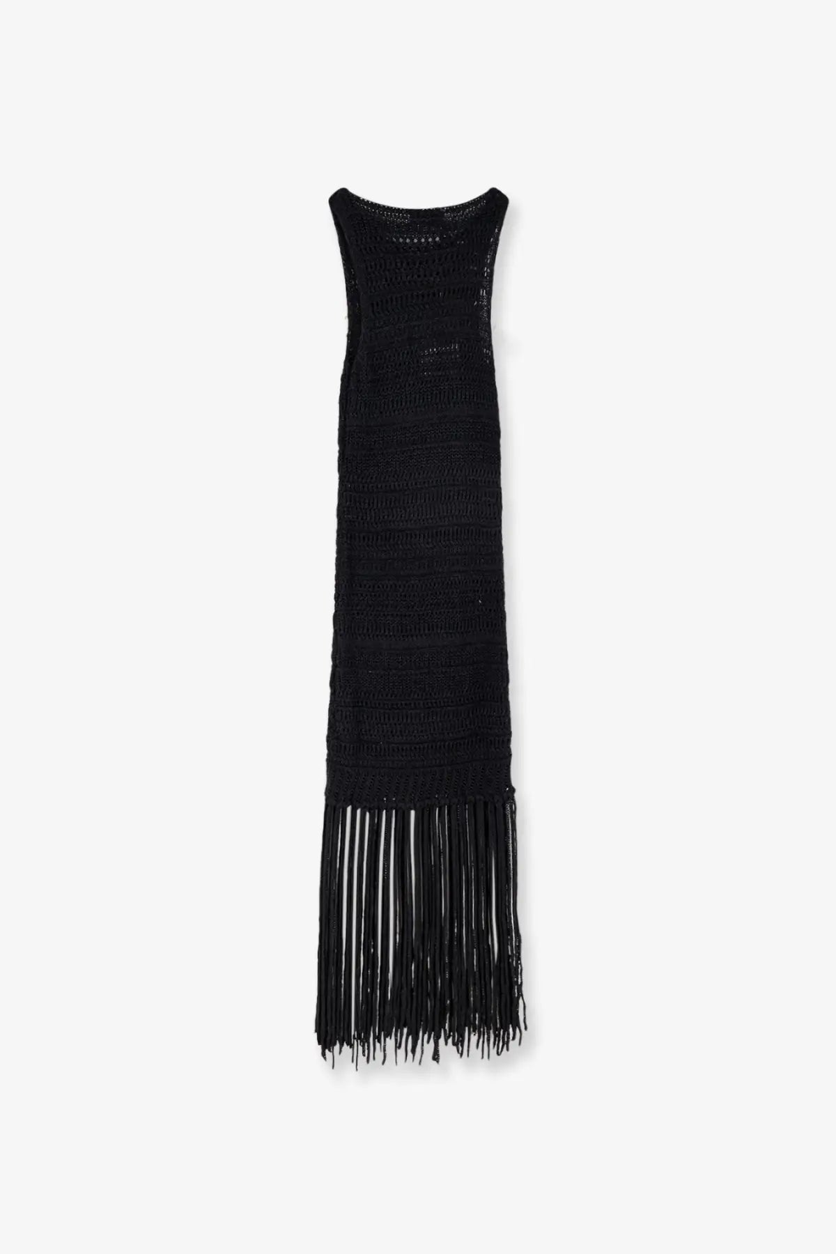 Laneus women’s black sleeveless knit dress with textured pattern fringe hem made of viscose and recycled polyester