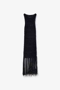 Laneus women’s black sleeveless knit dress with textured pattern fringe hem made of viscose and recycled polyester