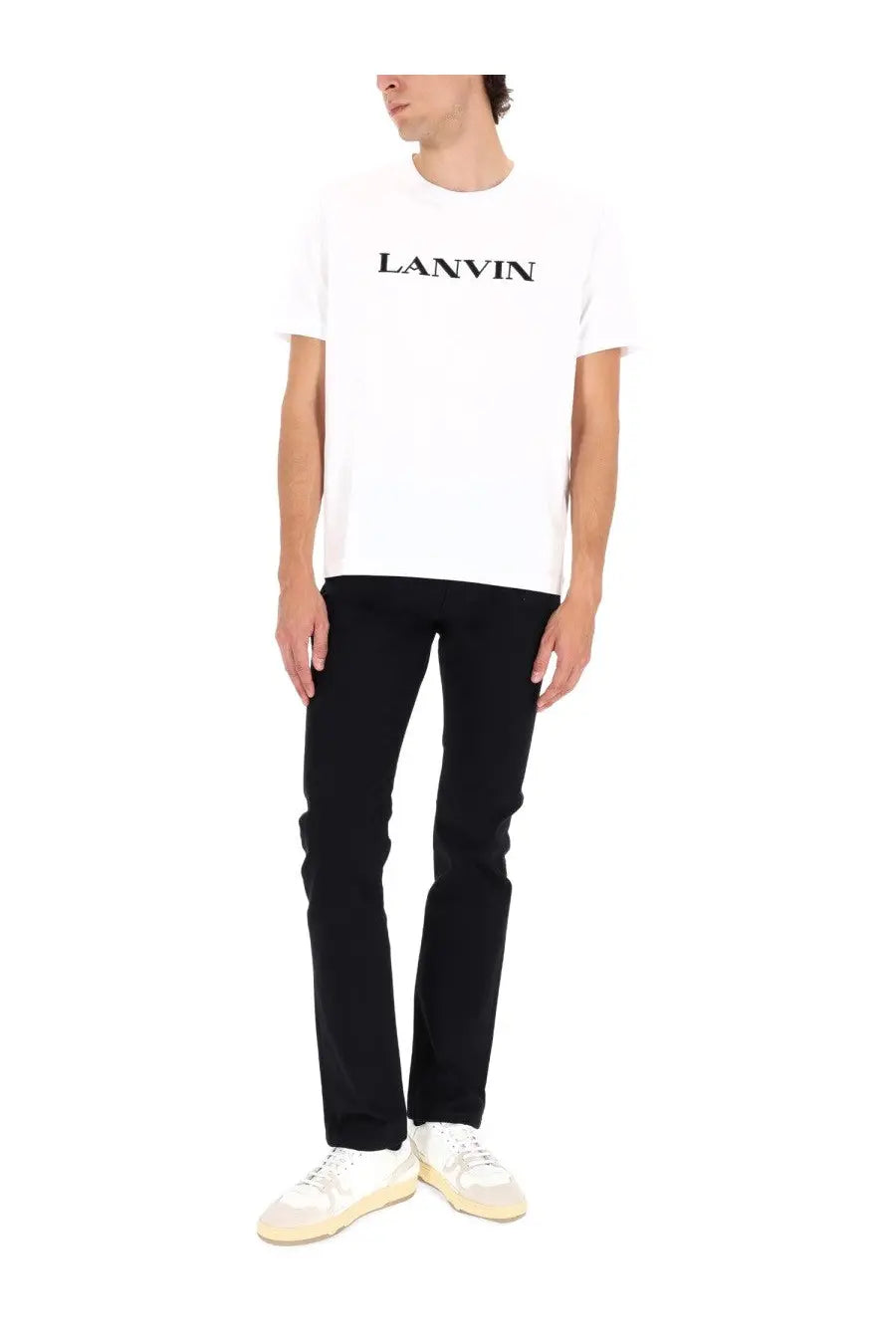 White lanvin men’s shirt featuring black logo lettering across the chest in a casual cotton t-shirt style