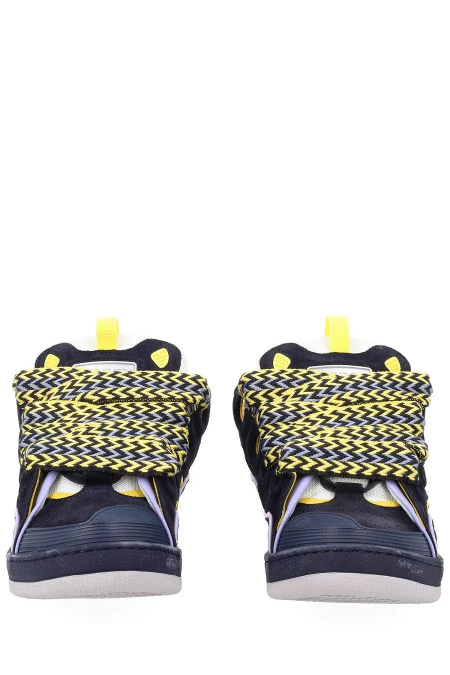 Lanvin men’s sneaker curb blue dark blue suede with bold yellow and black herringbone-patterned velcro straps