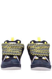 Lanvin men’s sneaker curb blue dark blue suede with bold yellow and black herringbone-patterned velcro straps
