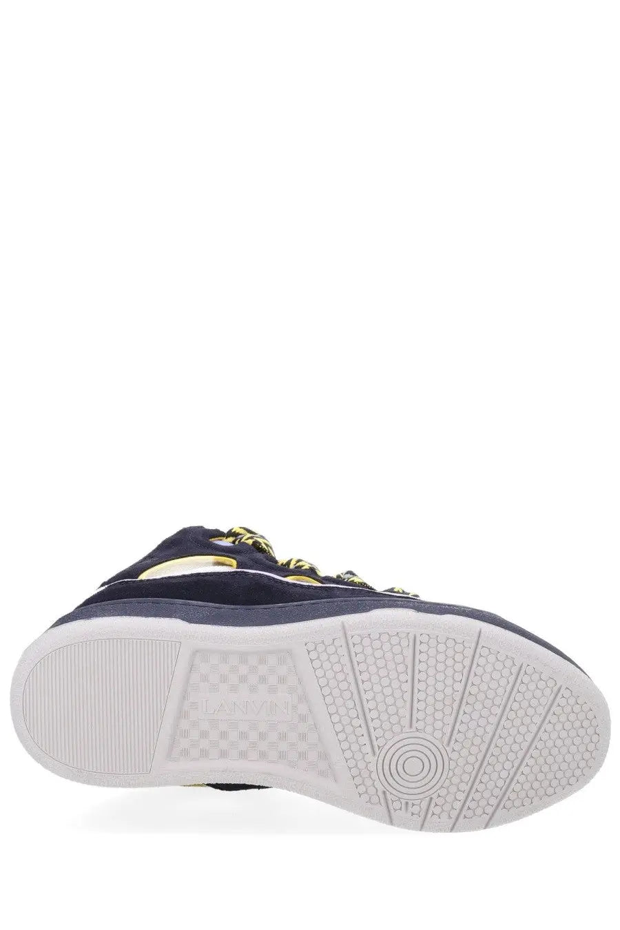 Lanvin men’s sneaker curb blue navy blue suede high-top with gold-tone laces and white rubber sole front view