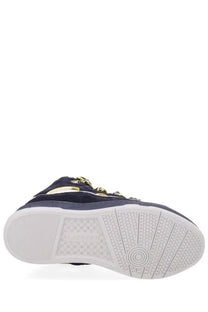Lanvin men’s sneaker curb blue navy blue suede high-top with gold-tone laces and white rubber sole front view