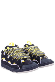 Lanvin men’s sneaker curb blue navy suede with bold yellow and black zigzag velcro straps and circular cutouts