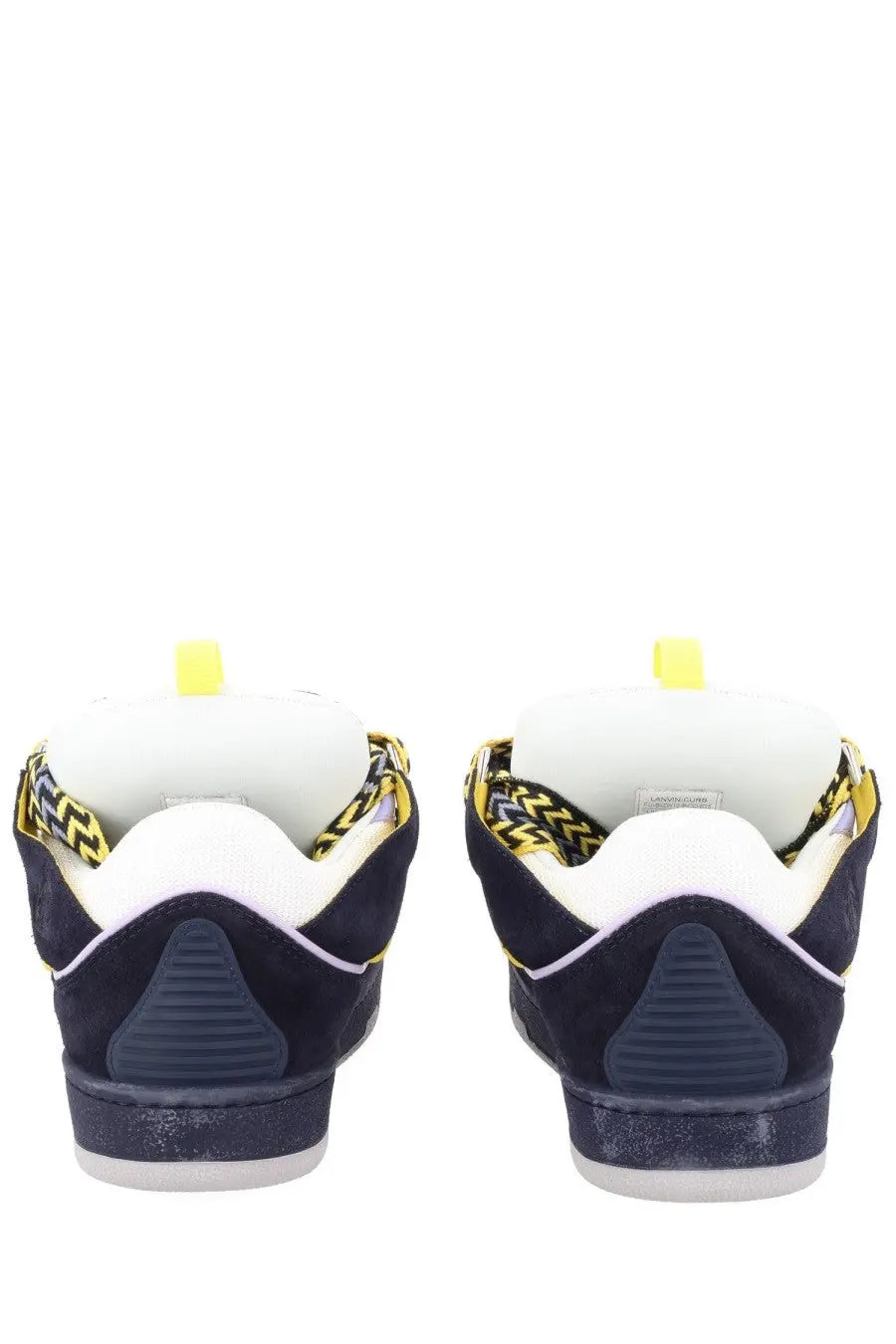 Lanvin men’s sneaker curb blue navy blue suede with white rubber soles and yellow zigzag patterned laces