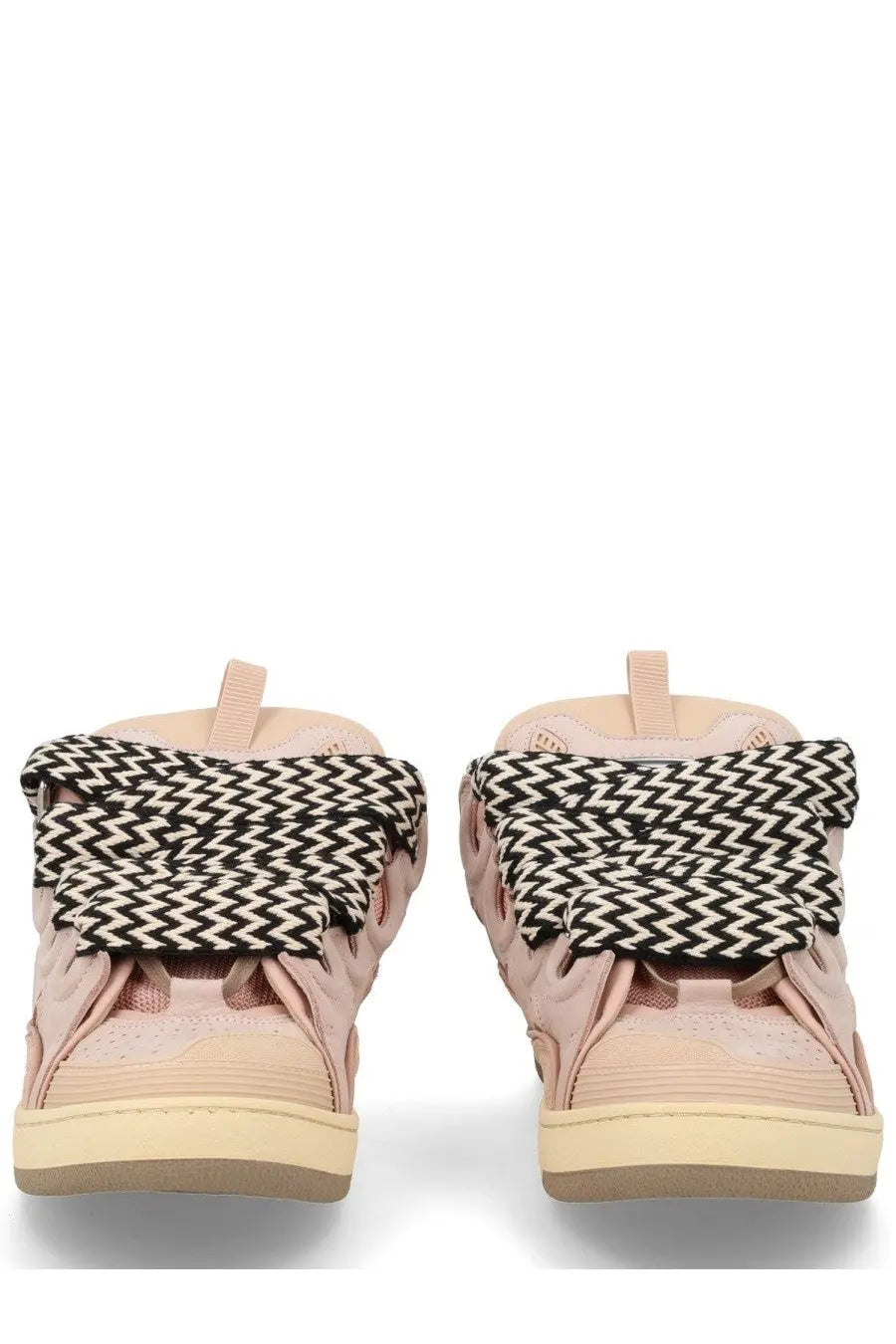 Lanvin men’s sneaker curb blue in blush pink with bold black and white herringbone-patterned straps