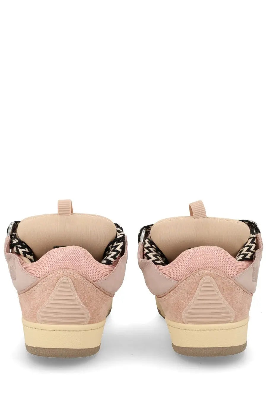 Pair of LANVIN men’s blush pink suede sneakers with black and white zigzag patterned laces in curb blue style
