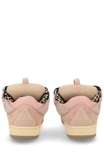Pair of LANVIN men’s blush pink suede sneakers with black and white zigzag patterned laces in curb blue style