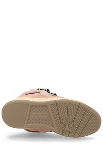 Lanvin men’s pink suede high-top sneaker with black and white laces and beige honeycomb tread rubber sole