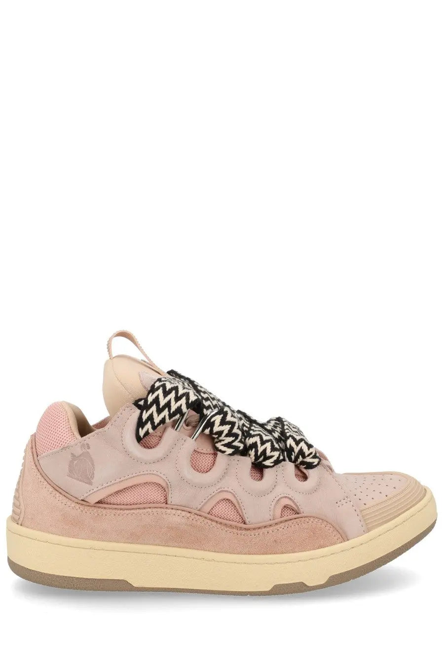 Pink suede and mesh lanvin men’s sneaker curb blue with black and white zigzag laces