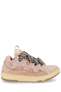 Pink suede and mesh lanvin men’s sneaker curb blue with black and white zigzag laces