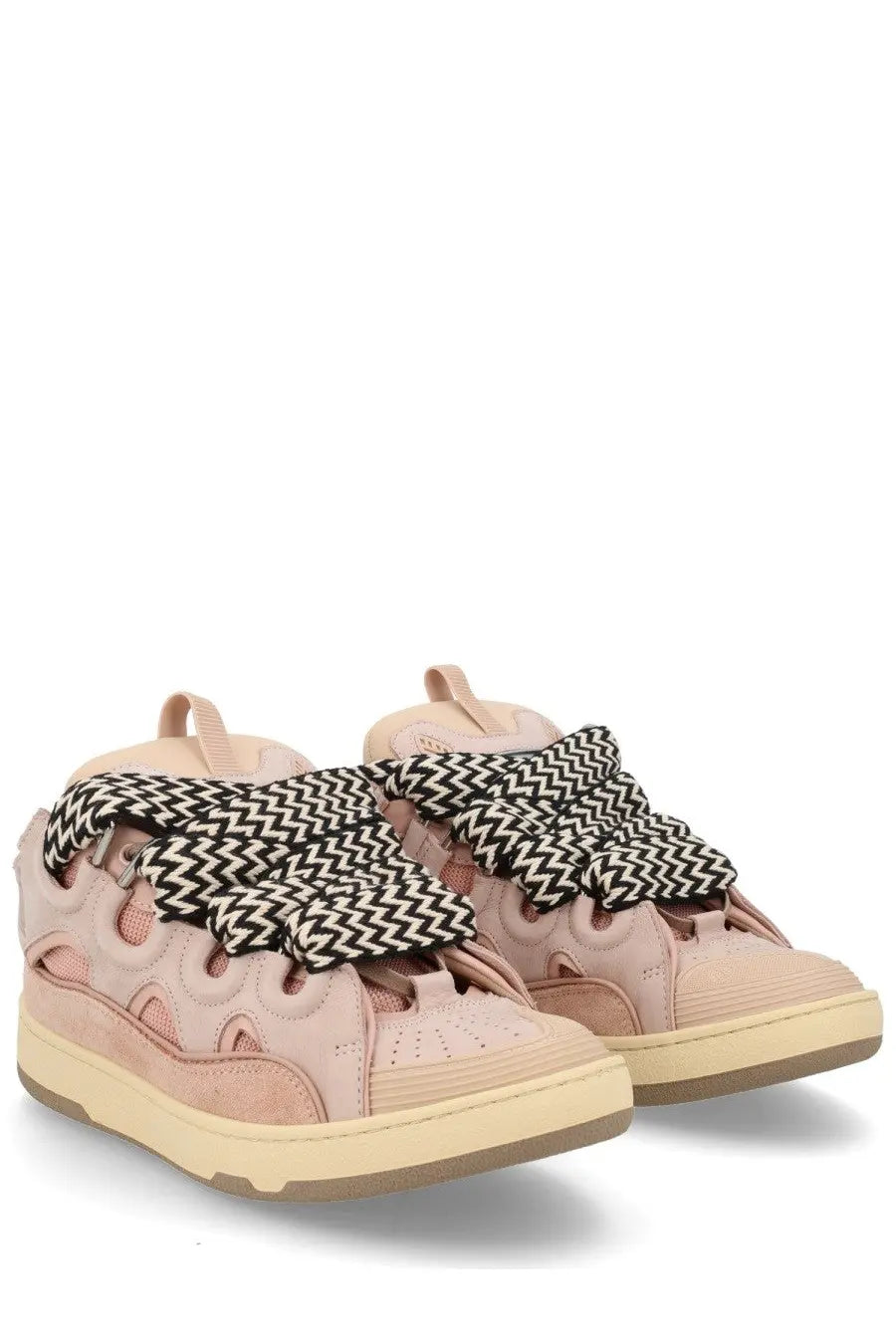 Lanvin men’s sneaker curb blue pink suede with black and white zigzag patterned straps front view