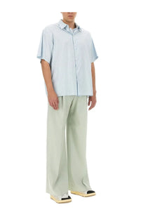 Lanvin men’s light blue and white vertically striped short-sleeved cotton button-up shirt