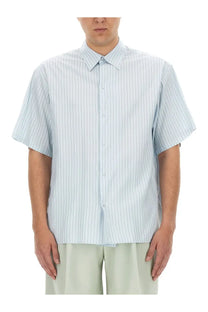 Lanvin men’s light blue and white vertically striped short-sleeved button-up cotton shirt