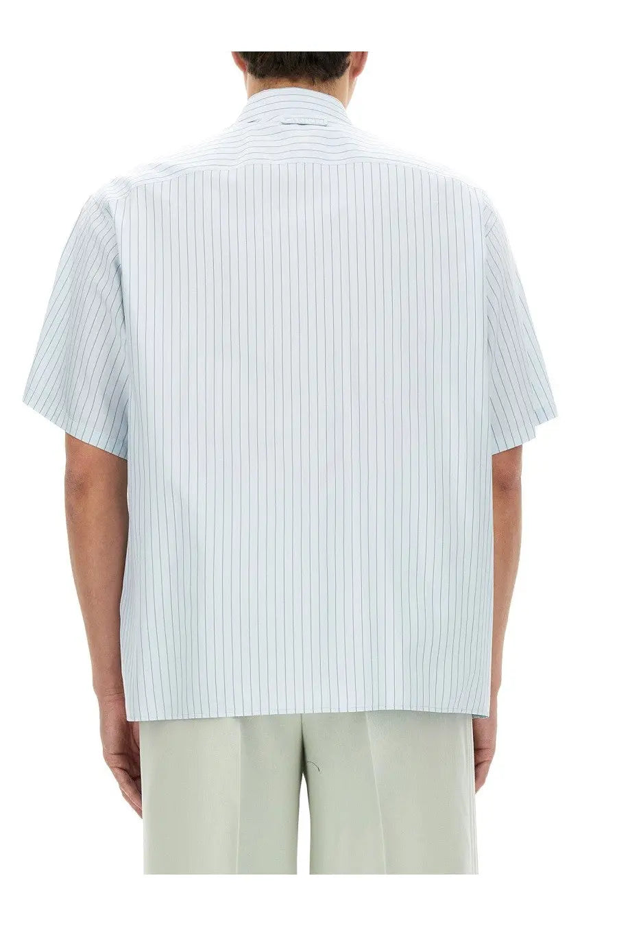 Lanvin men’s light blue and white vertically striped short-sleeved button-up shirt in cotton blend fabric