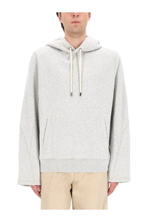 Lanvin men’s sweatshirt grey light gray heathered cotton hoodie with cream drawstrings and subtle front pockets