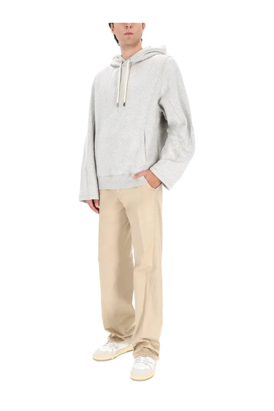 Lanvin men’s light gray hooded sweatshirt with subtle textured pattern and matching drawstrings in soft fabric