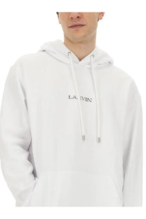 Lanvin men’s white cotton hoodie with subtle black embroidered la logo for casual wear