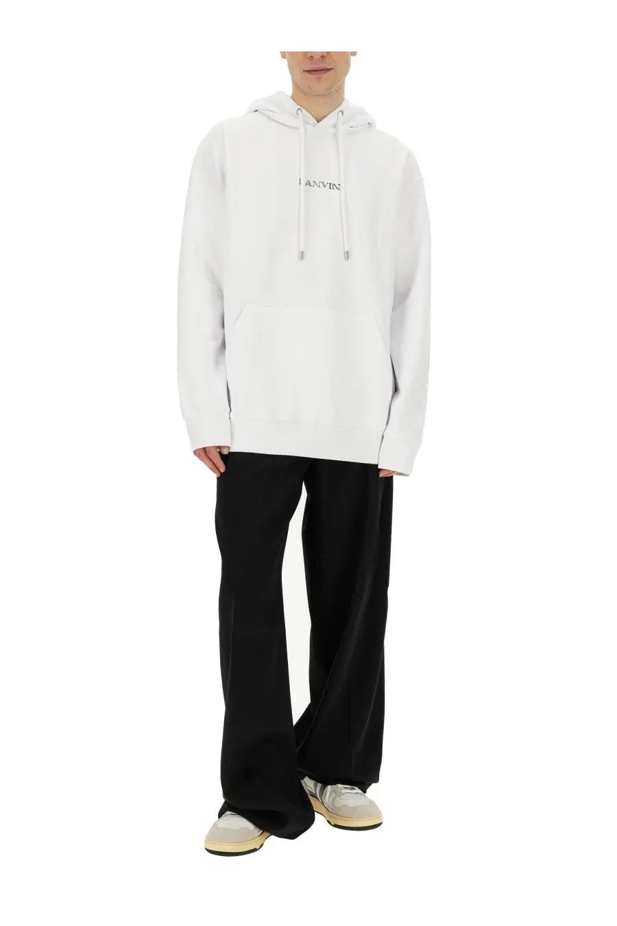 Lanvin men’s white oversized cotton hoodie with subtle black chest logo and matching drawstrings for casual wear