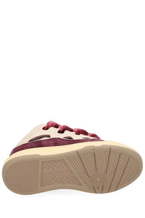 Lanvin unisex leather curb sneaker in maroon and beige suede with a textured rubber sole