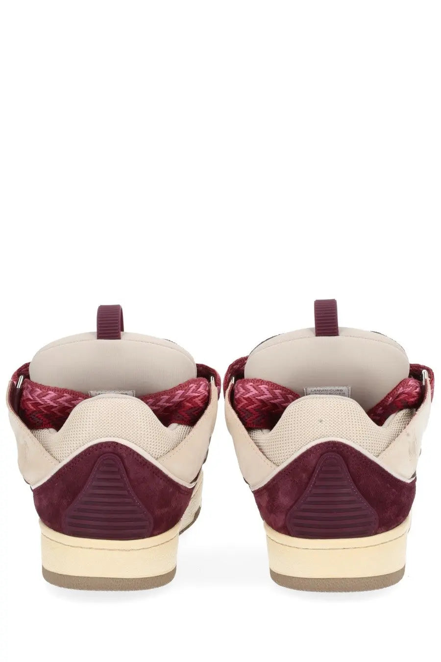 Maroon and beige LANVIN unisex leather curb sneaker in suede and mesh with braided detailing