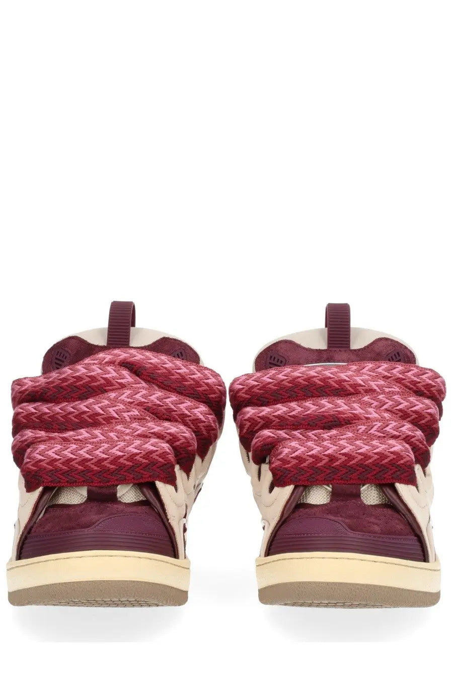 Lanvin unisex leather curb sneaker in maroon and beige woven rope laced design with suede accents