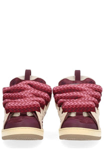 Lanvin unisex leather curb sneaker in maroon and beige woven rope laced design with suede accents