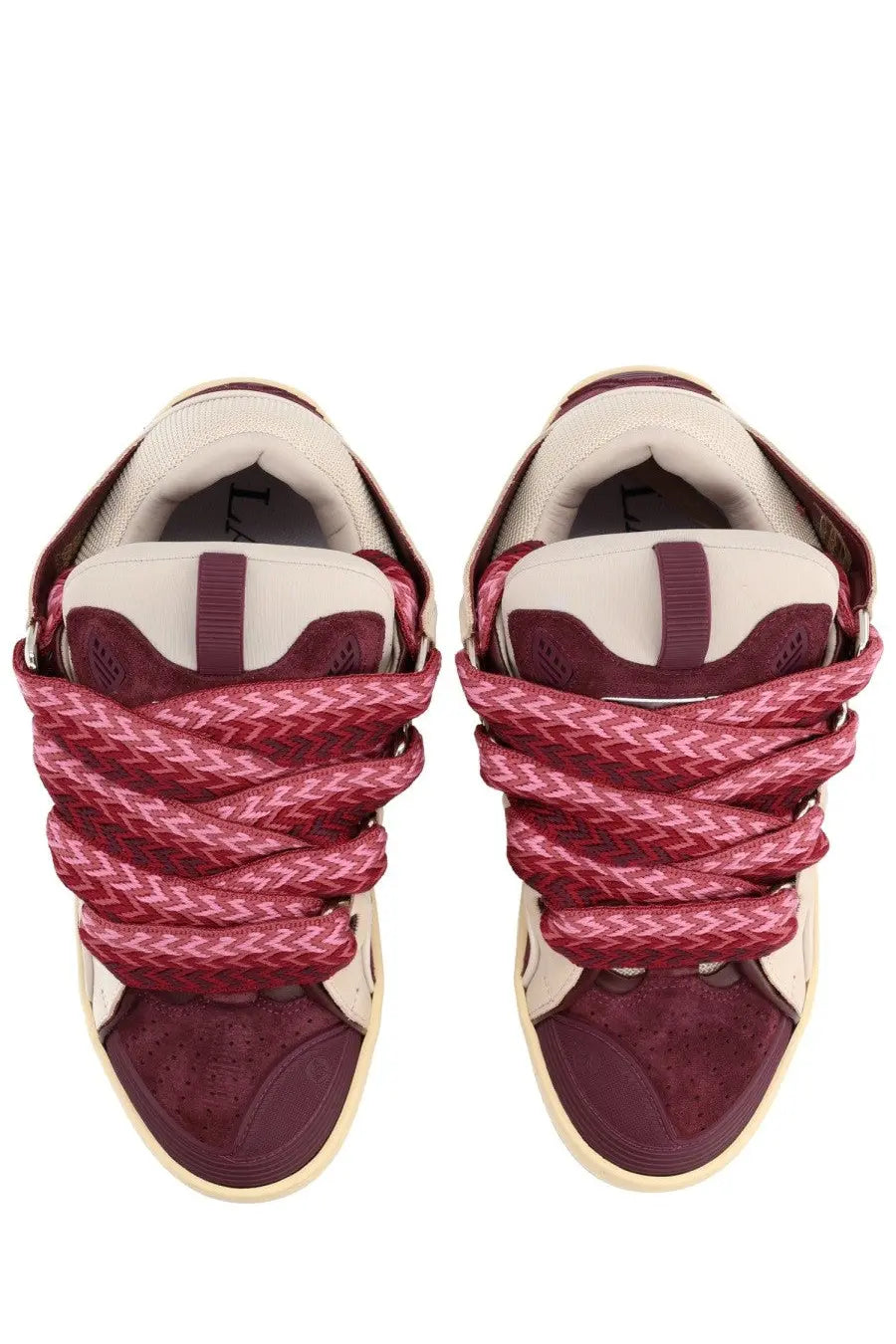 Lanvin unisex leather curb sneaker in maroon and cream with braided laces showcasing a multicolor design