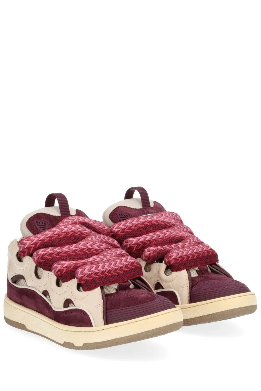 Maroon and cream leather lanvin unisex curb sneakers with braided rope laces multicolor design