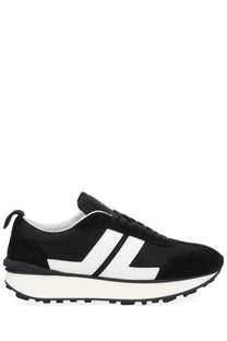 Lanvin unisex sneaker bumpr black with suede upper bold geometric stripes and chunky rubber sole in black and white