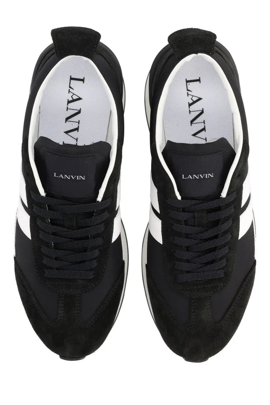 Lanvin unisex sneaker bumpr black with black and white suede and mesh uppers bold side stripes and padded collar