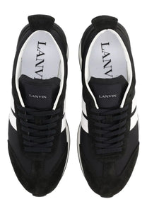 Lanvin unisex sneaker bumpr black with black and white suede and mesh uppers bold side stripes and padded collar