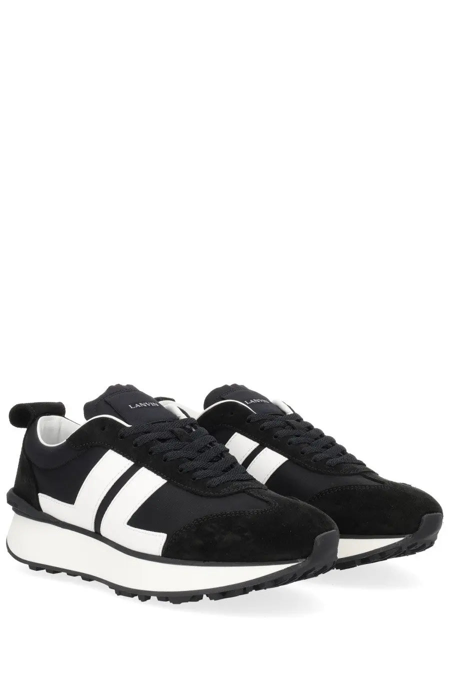 Lanvin unisex sneaker bumpr black with black and white suede upper bold geometric stripes and chunky rubber sole