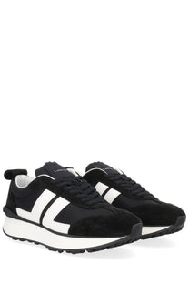 Lanvin unisex sneaker bumpr black with black and white suede upper bold geometric stripes and chunky rubber sole