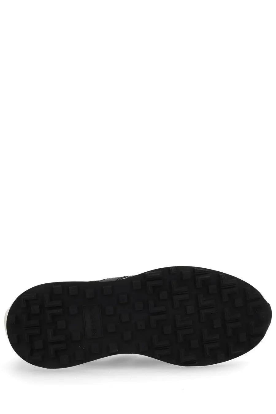 Black rubber sole with geometric tread pattern of lanvin unisex sneaker bumpr white shown from the back side