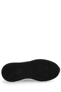 Black rubber sole with geometric tread pattern of lanvin unisex sneaker bumpr white shown from the back side