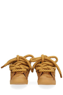 Tan LANVIN unisex high-top sneakers with thick braided laces in matching tan hue for stylish casual wear