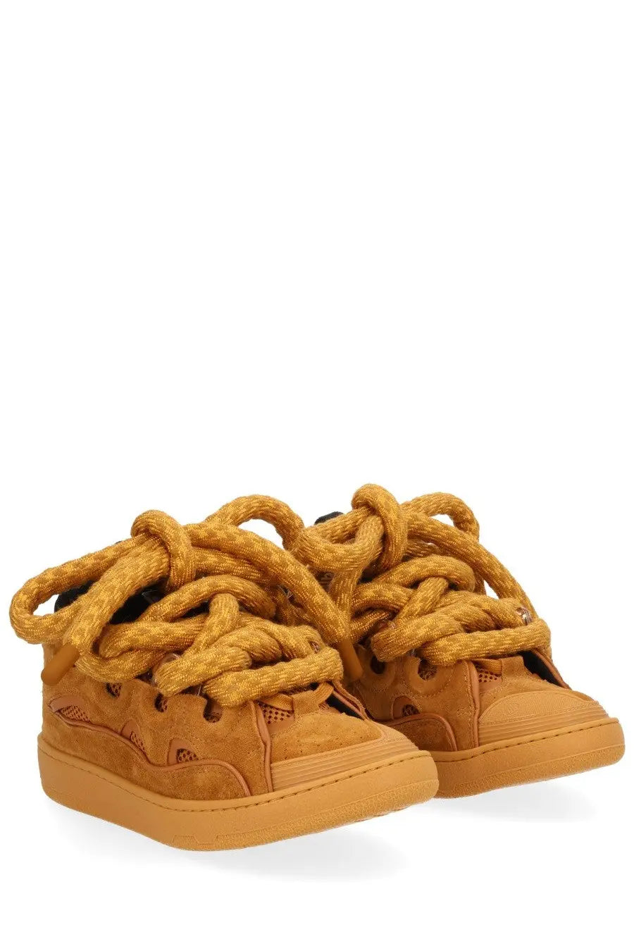 Tan suede lanvin unisex high-top sneakers with thick knotted mustard-yellow rope laces in curb brown color