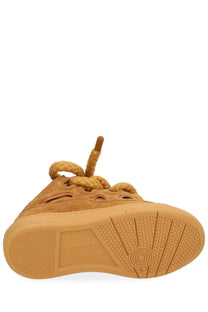 Tan suede lanvin unisex sneaker curb brown with matching woven laces and rubber sole featuring lanvin logo