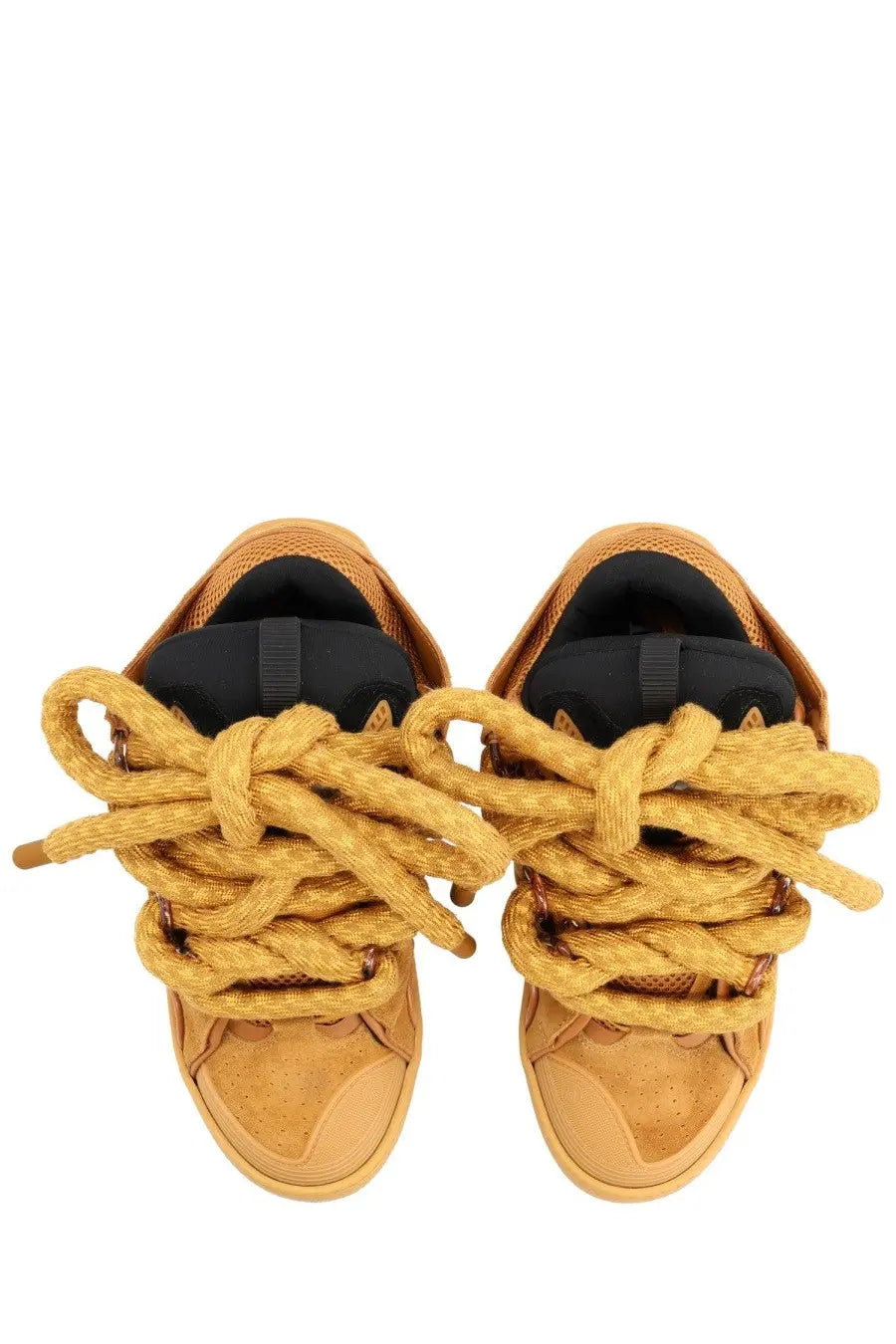 Lanvin unisex sneaker curb brown in tan suede with thick knotted mustard yellow rope laces and black mesh lining