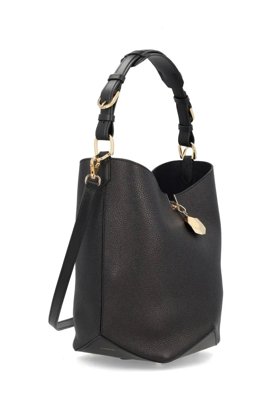 Lanvin women’s bag catch black textured leather bucket bag with gold-tone hardware and braided top handle